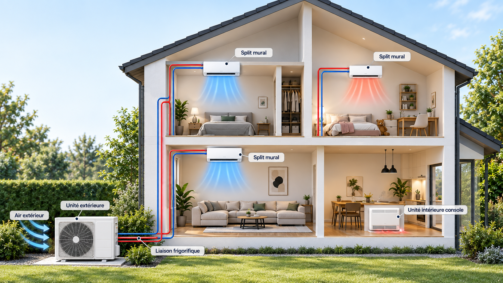 Fonctionnement d'une pompe à chaleur Air Air avec groupe extérieur et unités intérieures